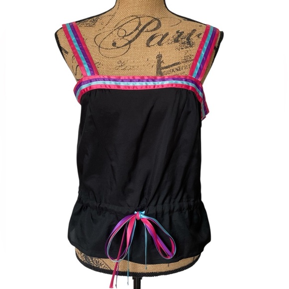 Vintage Saks Fifth Avenue Black Multicolor Grosgrain Ribbon Tie Waist Camisole - Picture 1 of 12
